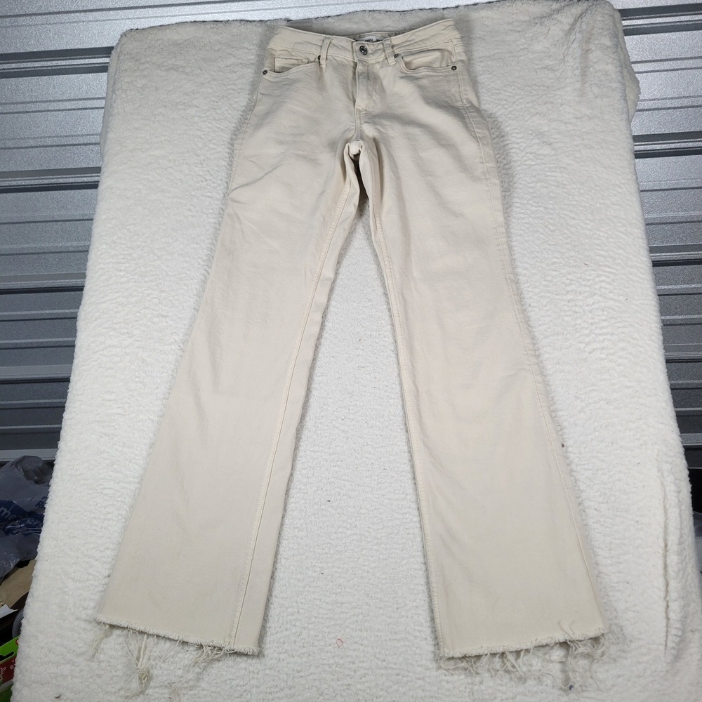 Mango MNG Flare Jeans Womens Size 4 Cream High Rise Raw Hem Stretch Denim
